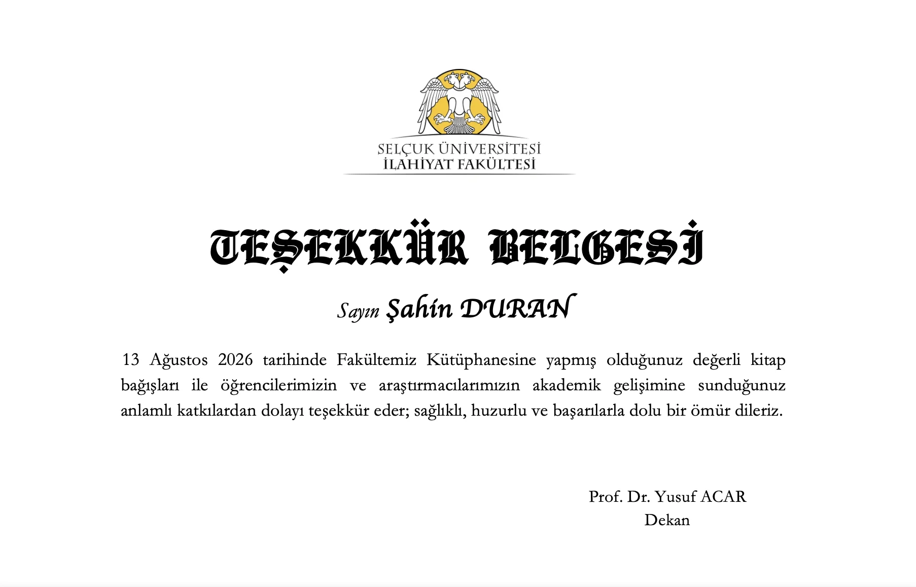 Emekli İHL Öğretmeni Şahin Duran’dan Fakülte Kütüphanemize Anlamlı Kitap Bağışı
